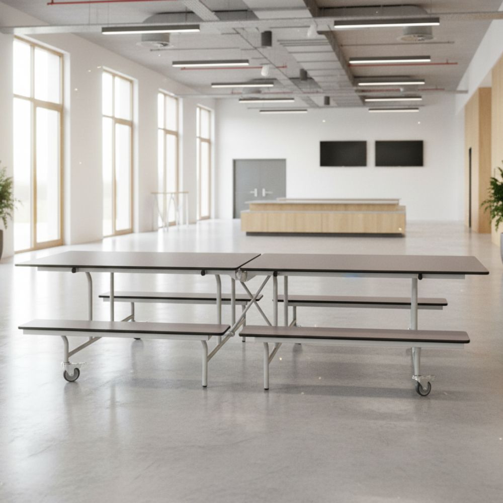 Grey speckled folding canteen table with attached benches placed in a bright, modern event or conference space with full-height windows and minimal decor.