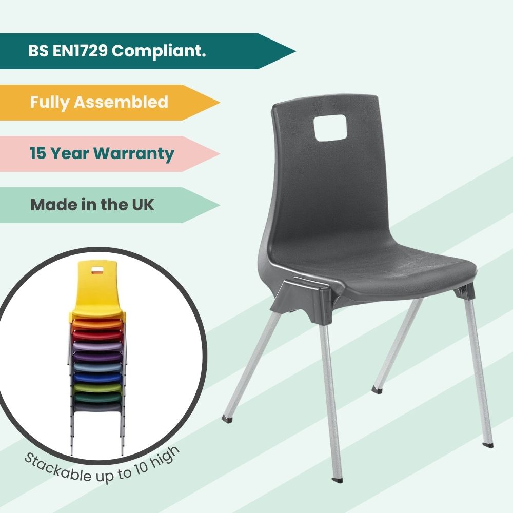 Grey plastic chair with silver metal legs and rectangular backrest cutout, designed for stacking and institutional use.