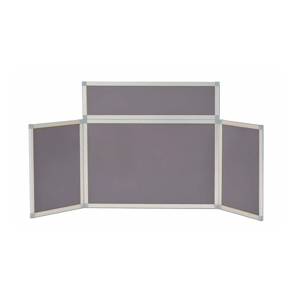 Grey three-panel display board with elevated header and angled sides, ideal for educational displays.