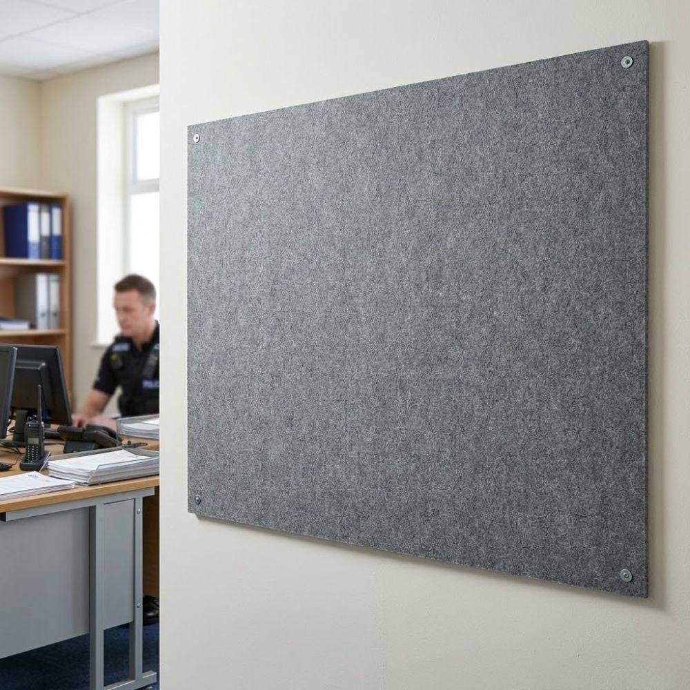 Grey unframed felt noticeboard measuring 1500mm x 1200mm, wide wall mounted board installed in a professional office environment with exposed corner mounts.