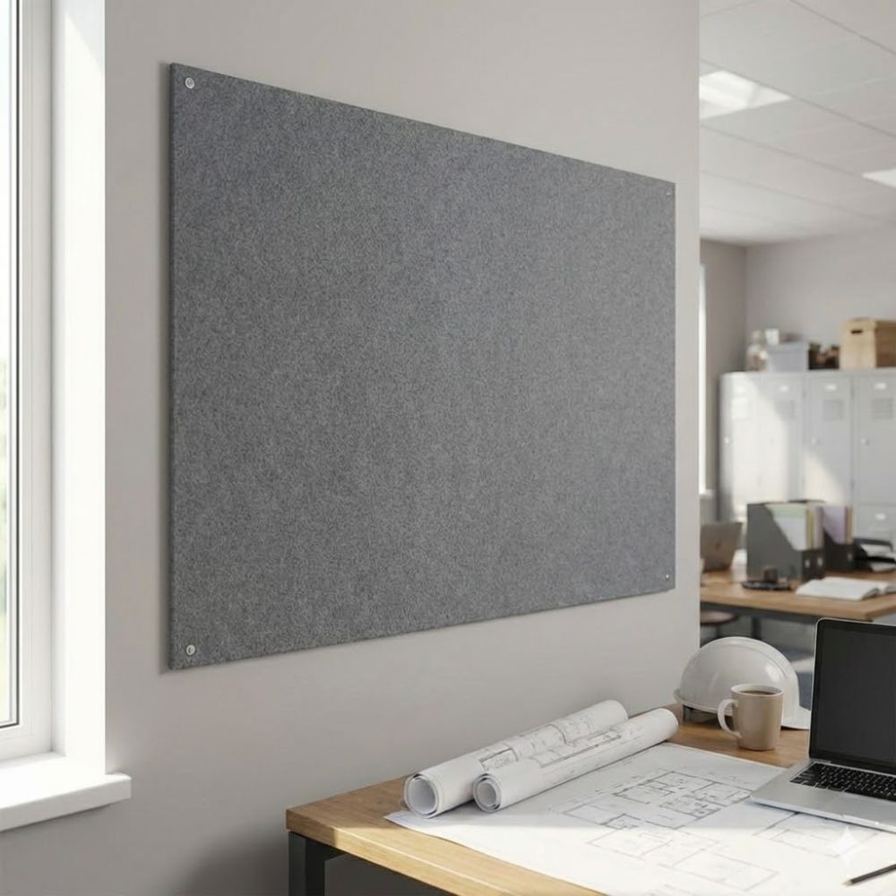 Grey unframed felt noticeboard measuring 1800mm x 1200mm, large wall mounted board installed above a desk in a contemporary office setting.