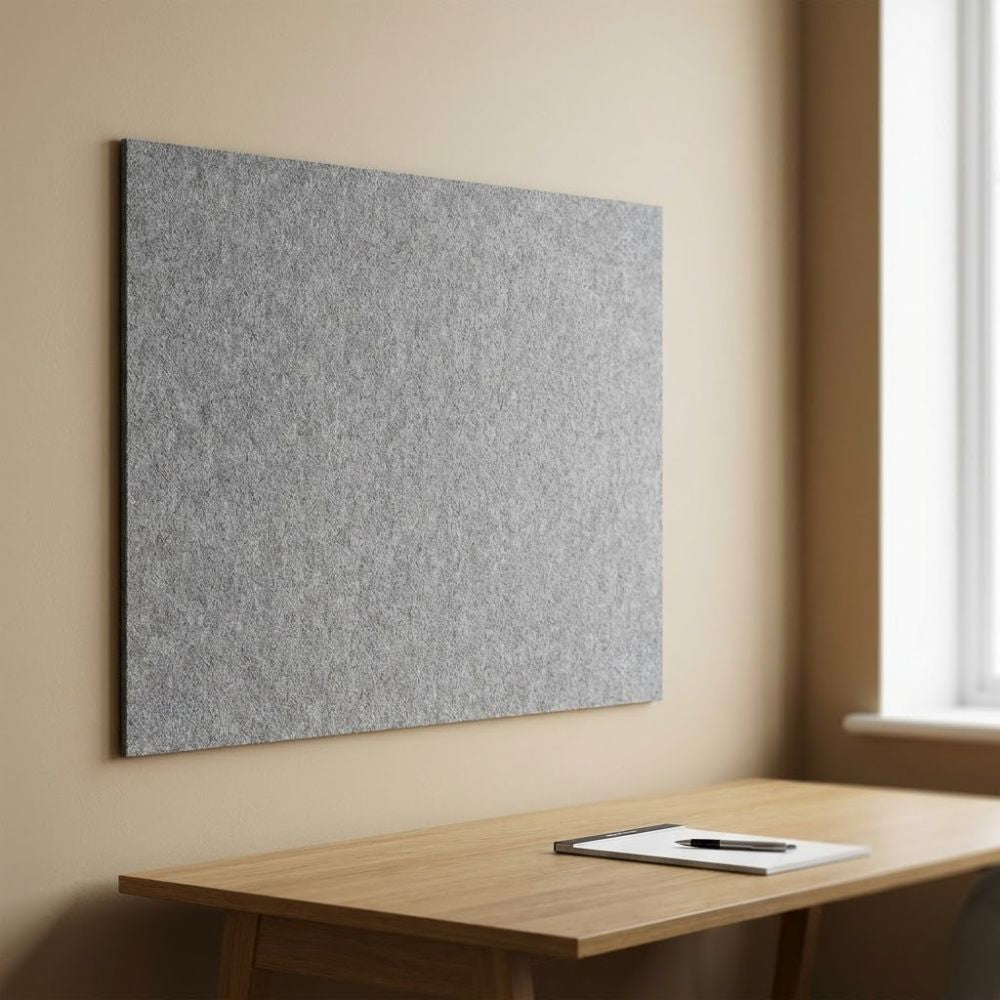Grey unframed felt noticeboard measuring 900mm x 600mm, rectangular wall mounted board installed above a wooden desk in a minimalist workspace.