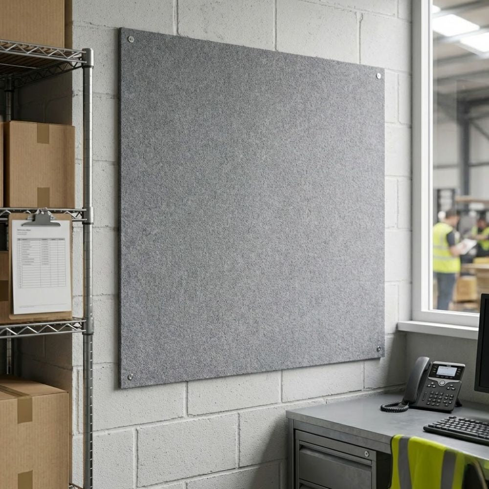 Grey unframed fire resistant felt noticeboard measuring 1200mm x 1200mm, mounted on a warehouse office wall with visible corner fixings.