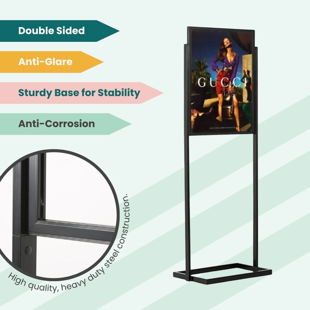 Promotional Gucci poster stand with feature tags for anti-glare surface, corrosion-resistant steel frame, and dual-sided display capability.