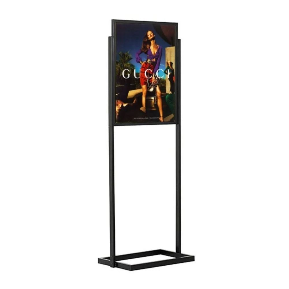 Freestanding black poster stand featuring a Gucci advert with fashion model and sunset backdrop, designed for luxury retail environments.
