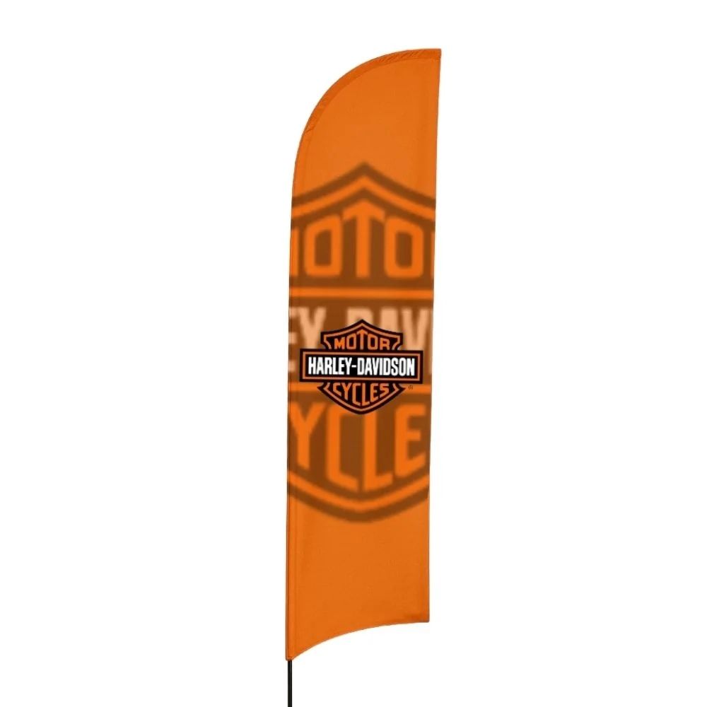 Orange Harley-Davidson flag with central shield emblem and faded background graphic, ideal for branded outdoor setups and dealership frontage.
