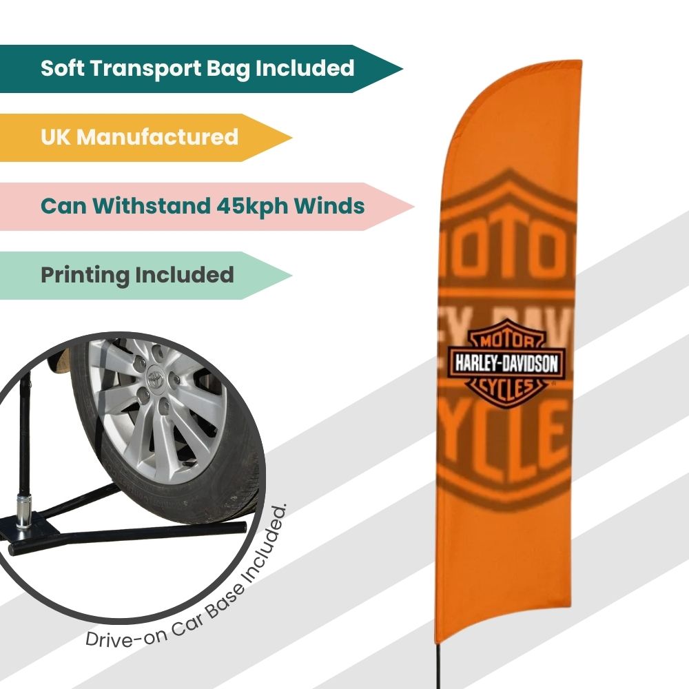 Harley-Davidson feather flag with bold shield logo and drive-on base, highlighted with feature tags for transport, printing, and wind endurance.