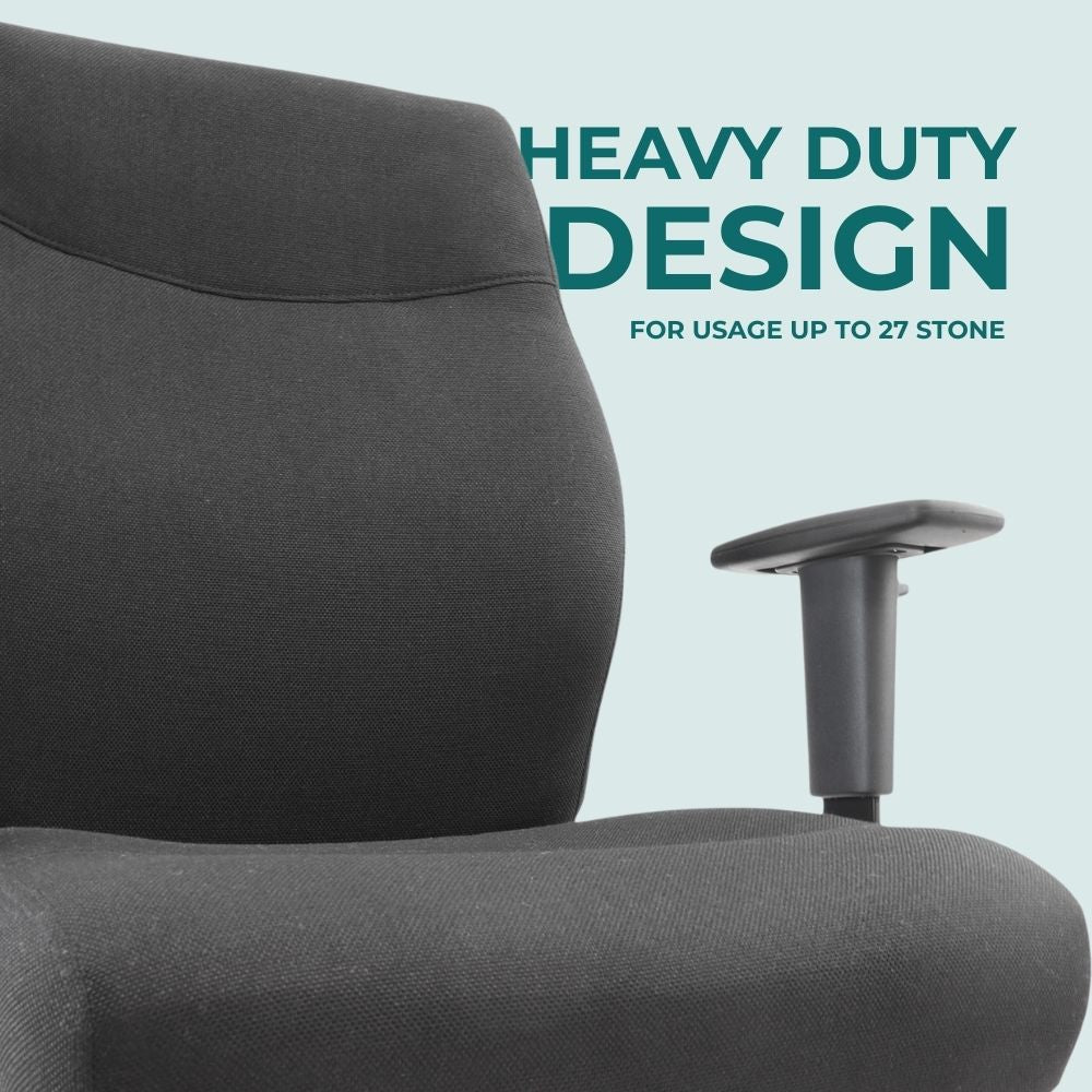 Close-up of black office chair highlighting heavy-duty design rated to 27 stone. Features cushioned seat, padded backrest, and adjustable armrest for robust support in high-capacity work environments.