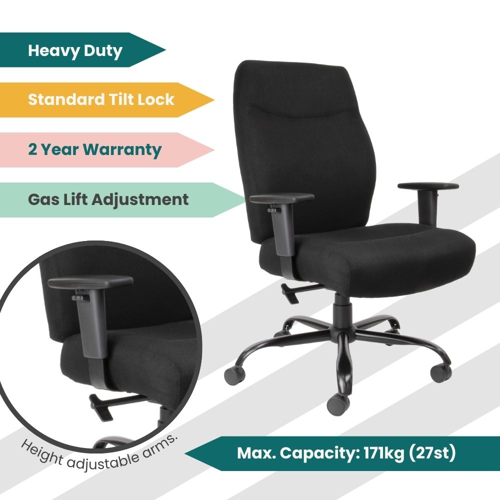 Black ergonomic office chair with cushioned seat and backrest, height-adjustable armrests, gas lift mechanism, and tilt lock. Rated to 171kg with a 2-year warranty, designed for heavy-duty use in commercial or home office settings.