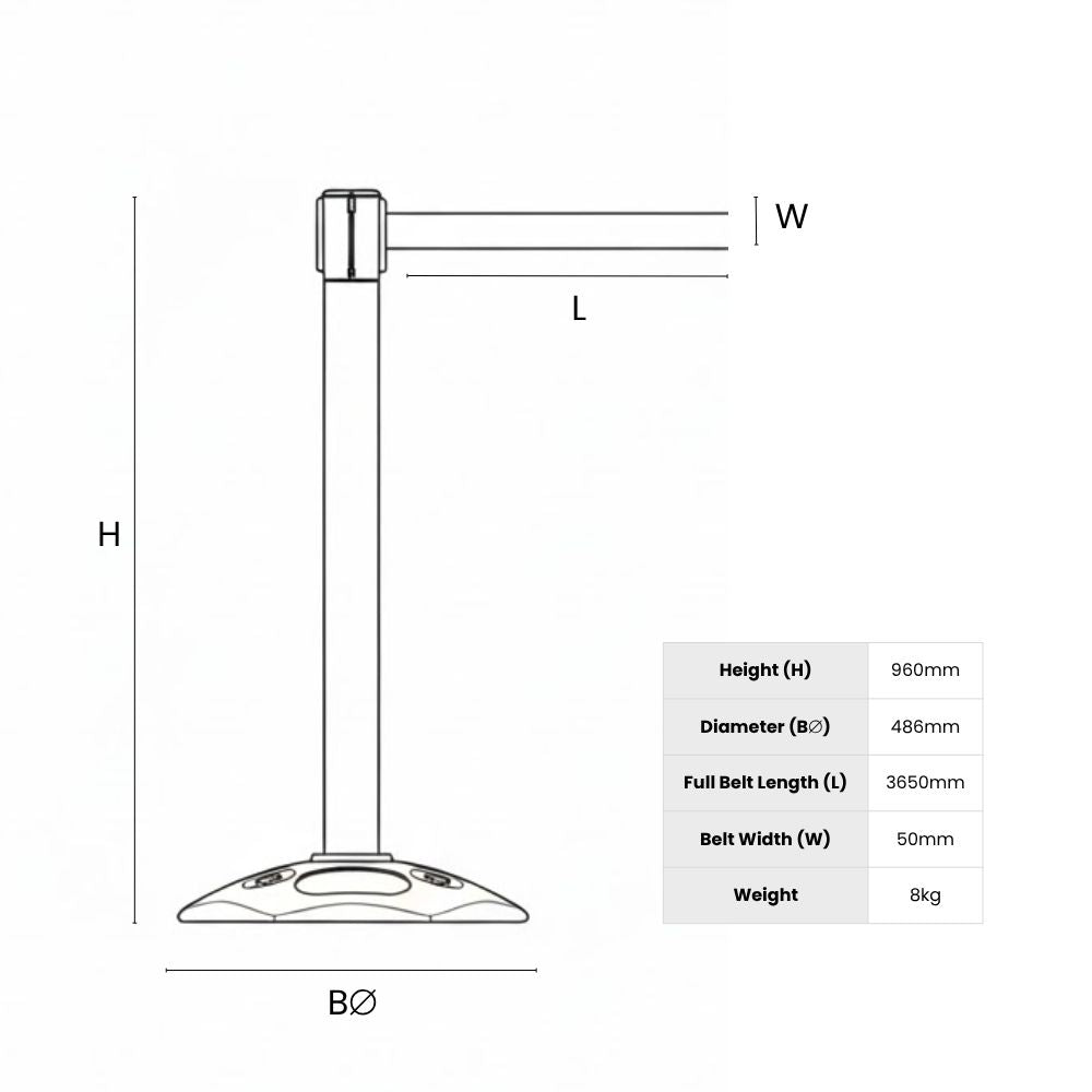 Technical diagram of a crowd control stanchion with rubber base, showing height, diameter, belt length, and weight for installation reference.
