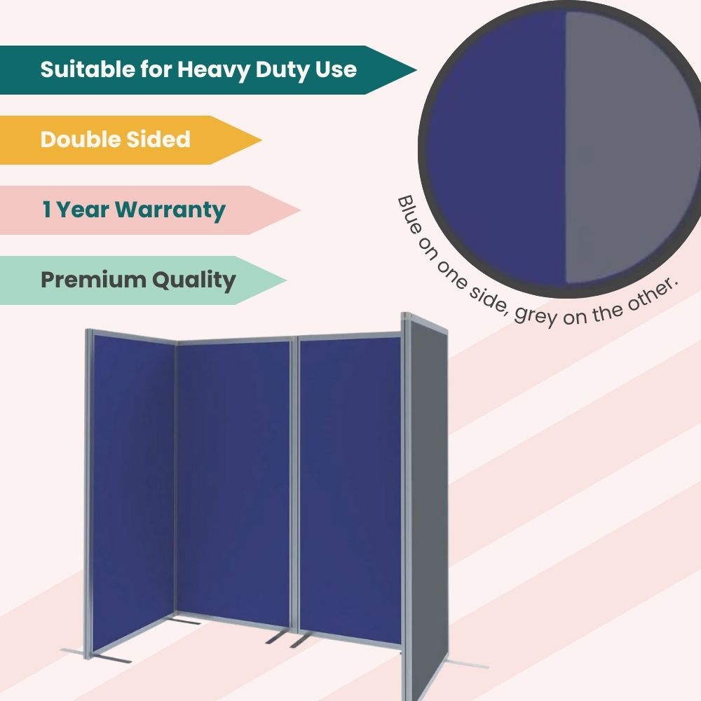 Freestanding three-panel board with dual-colour surfaces and stabilising feet, ideal for high-traffic zones.