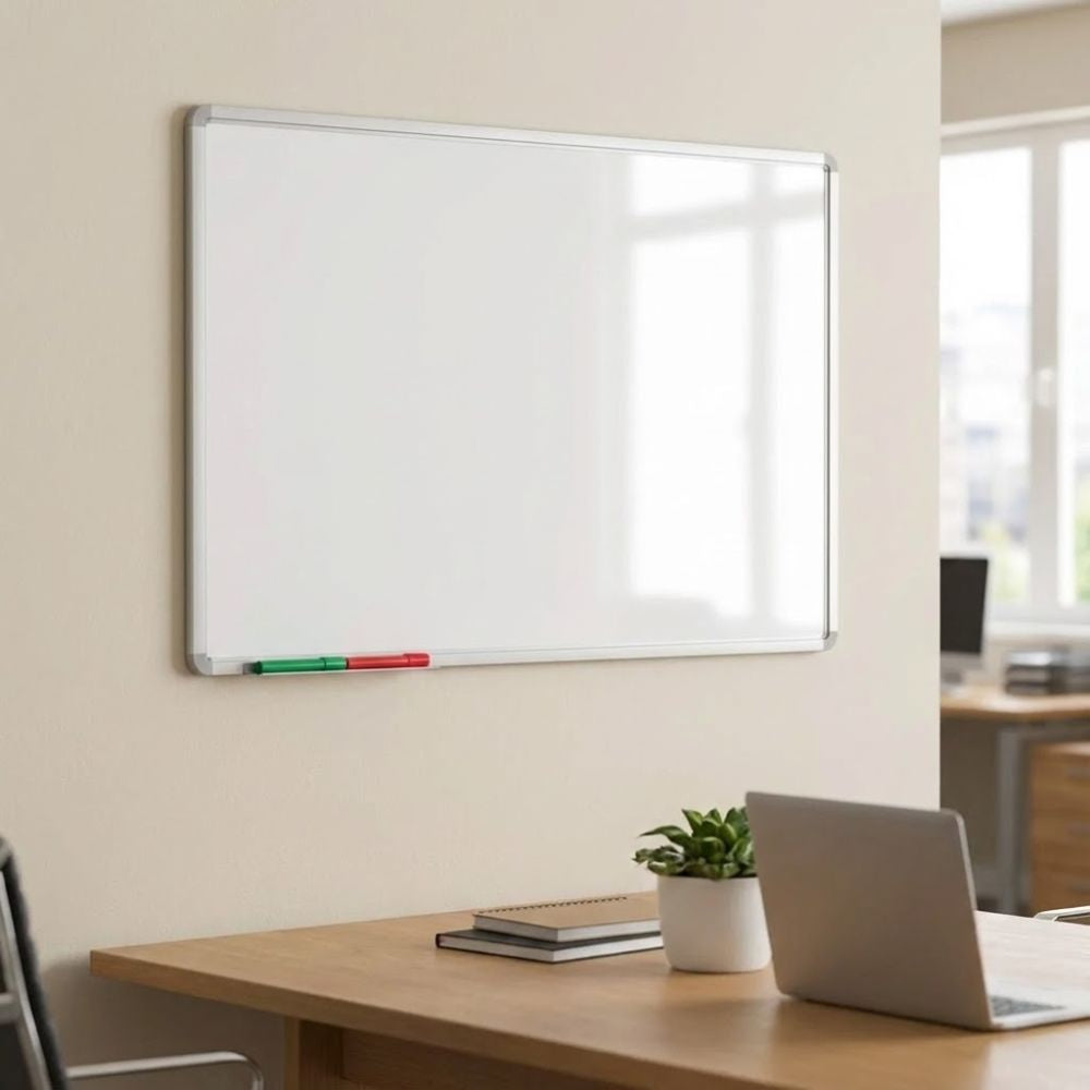 A 900 x 600mm landscape Vitreous Enamel Steel magnetic whiteboard mounted above a wooden desk, featuring a high-gloss, scratch-resistant surface and silver aluminum trim for professional office use.