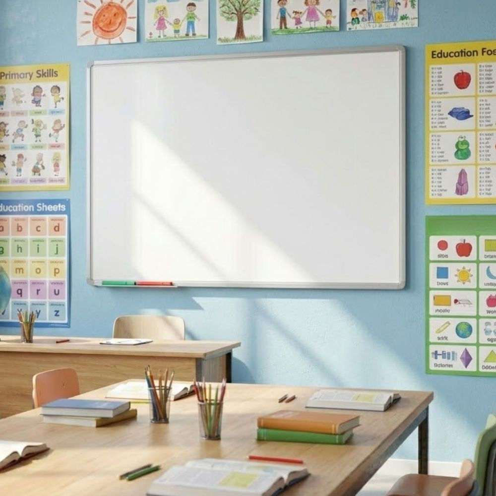 A large 1800 x 1200mm landscape Vitreous Enamel Steel (VES) magnetic whiteboard mounted in a primary school classroom, featuring a scratch-resistant white surface and silver aluminium frame.