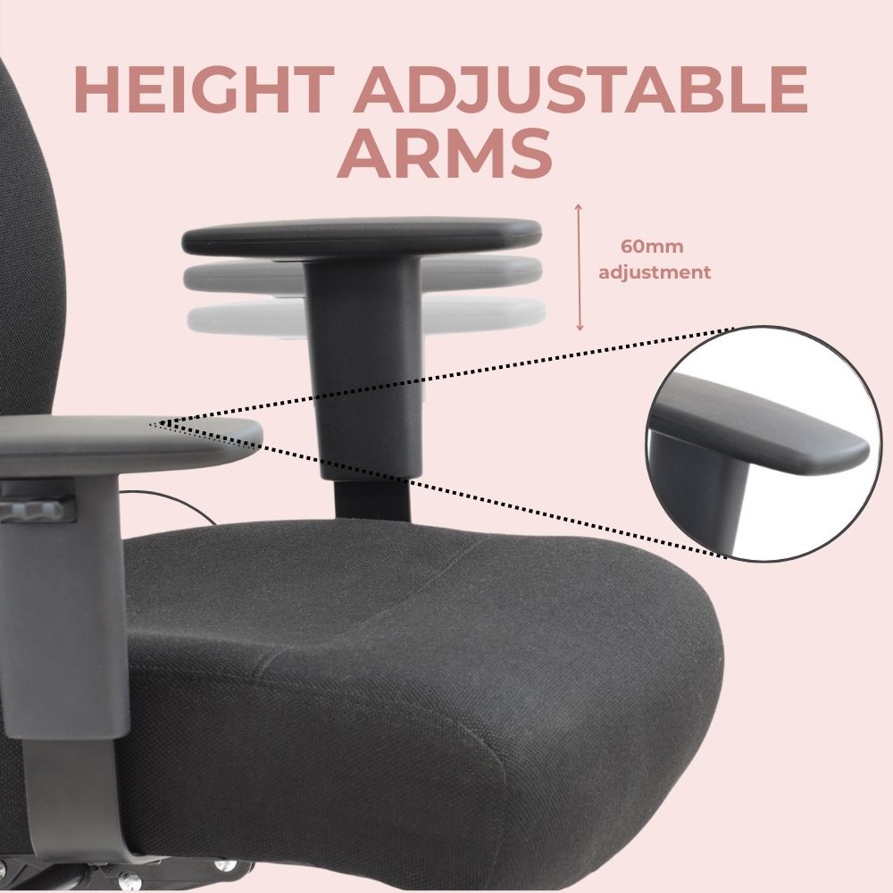 Office chair armrest shown in three vertical positions with 60mm adjustment range. Includes magnified inset of armrest surface, ideal for users seeking customisable arm support in ergonomic seating.