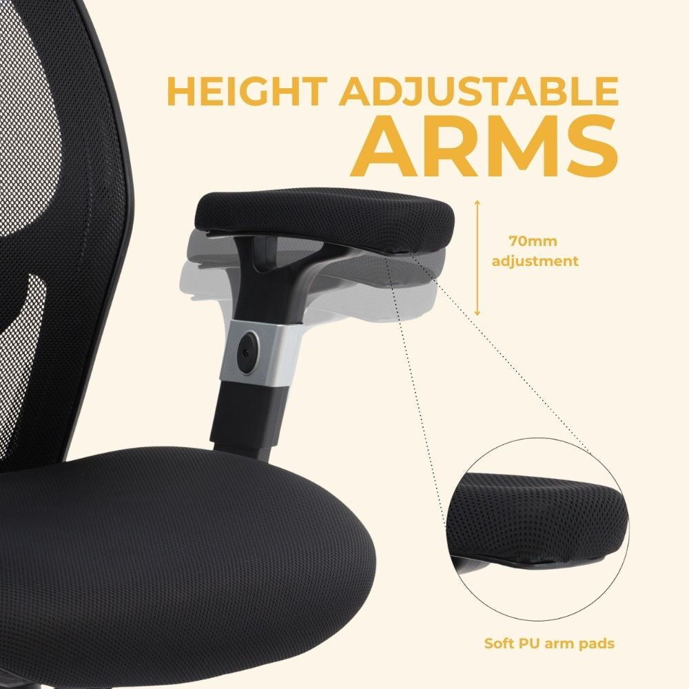 Close-up of ergonomic chair armrest with 70mm vertical adjustment and soft PU padding. Mesh back and cushioned seat offer breathable comfort for staffrooms and training rooms.