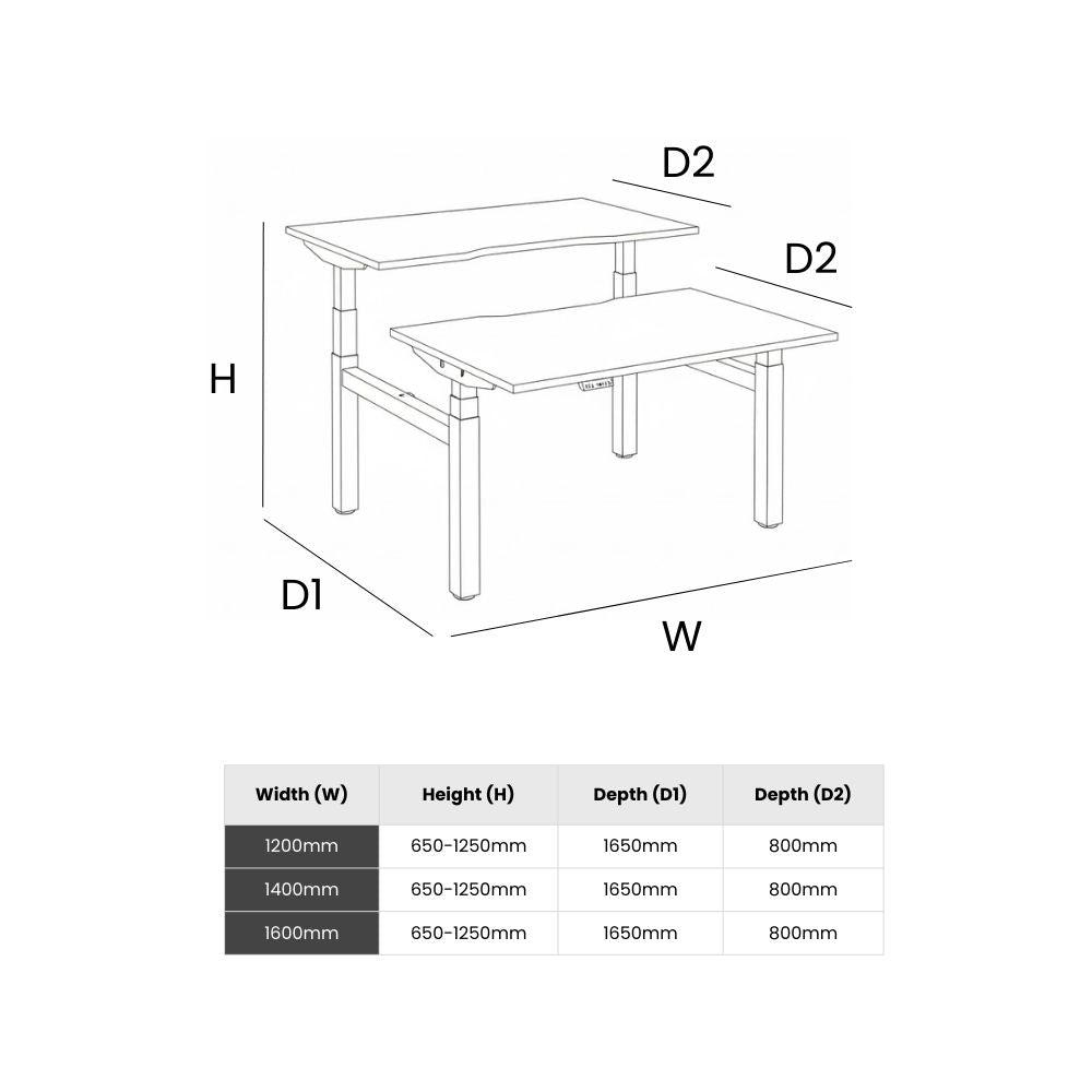 Line drawing of a height-adjustable back-to-back desk with labelled dimensions, including width options of 1200mm, 1400mm, and 1600mm, height range from 650mm to 1250mm, and total depth of 1650mm with 800mm per desktop.