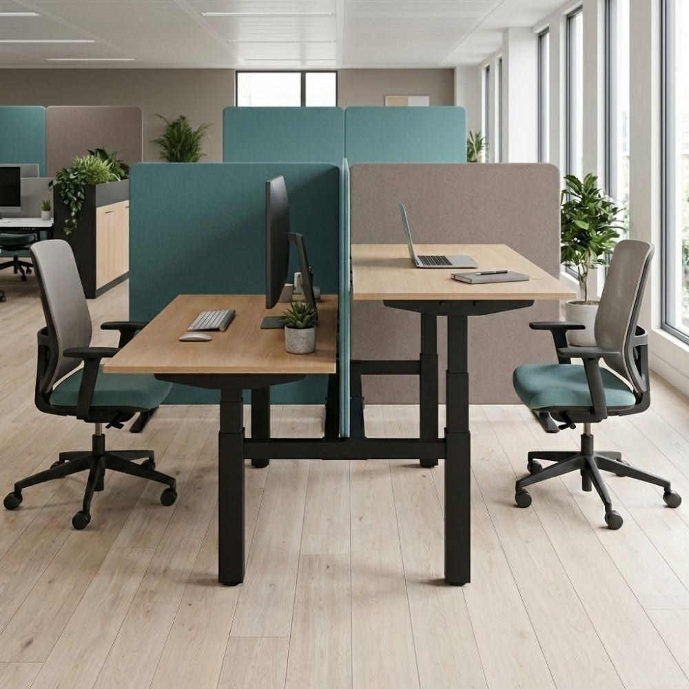 Height-adjustable back-to-back desks featuring black T-frames and wooden tops, separated by an upholstered screen, placed in a bright open-plan office with modern seating.