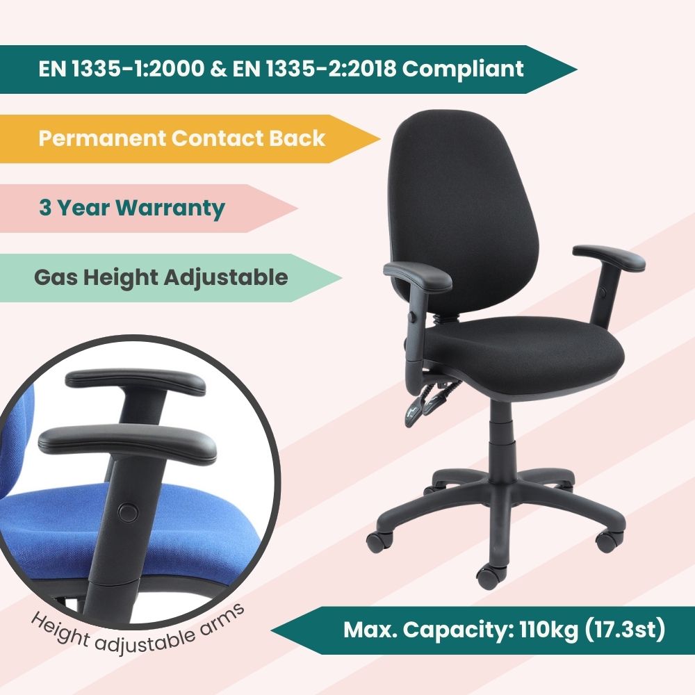Black ergonomic chair featuring EN 1335 compliance, permanent contact back, gas lift height adjustment, and 110kg capacity. Includes adjustable armrests and 3-year warranty, suitable for contract-grade environments.