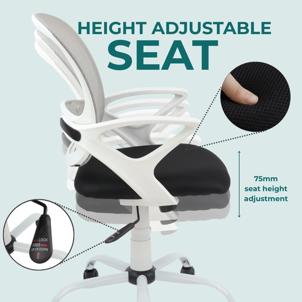 Close-up of ergonomic chair showing 75mm seat height adjustment and locking lever. White frame, black cushion, and mesh backrest offer breathable comfort and posture support for desk-based tasks.