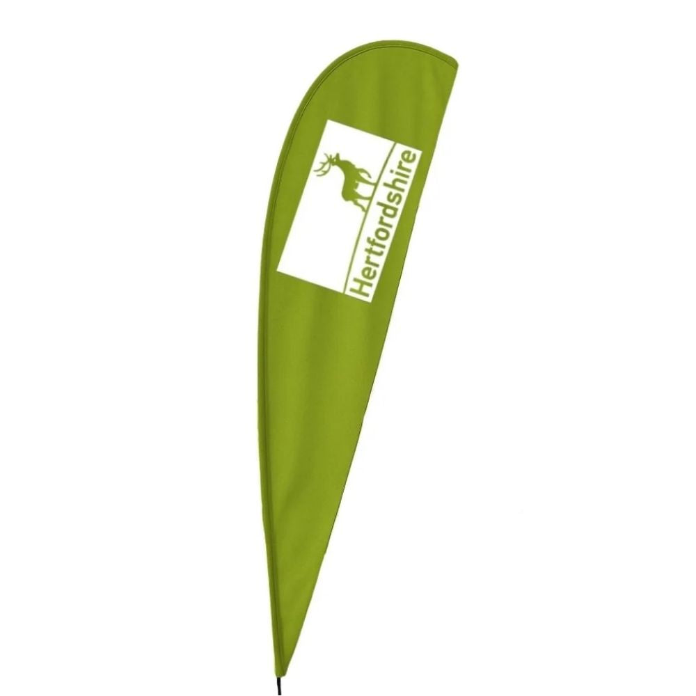 Hertfordshire teardrop flag with green background and deer logo, used for regional branding at events.