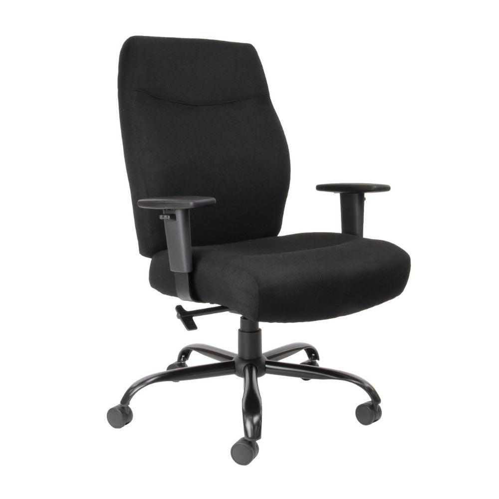 Black ergonomic office chair with high backrest, cushioned seat, adjustable armrests, and under-seat lever for tilt and height control. Five-wheel base provides mobility for professional or home office use.