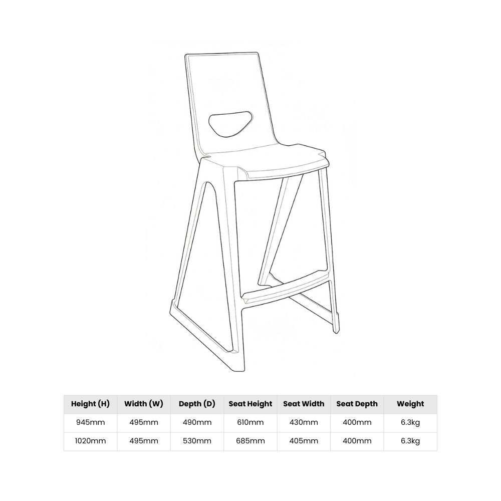 Technical schematic for the high back stool series detailing a 610mm seat height, 945mm total height, and 6.3kg unit weight for the 610mm laboratory model.