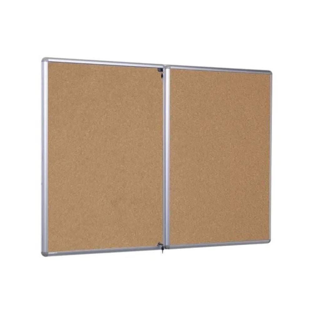 Hinged cork bulletin board with lockable double panels and silver frame, ideal for secure displays.