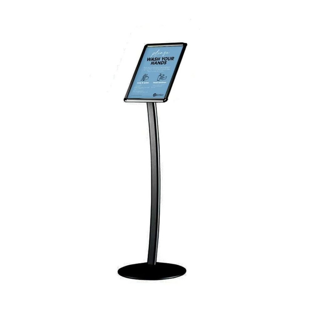 Freestanding digital hygiene display with curved support and circular base, showing a “Please Wash Your Hands” message for public awareness.