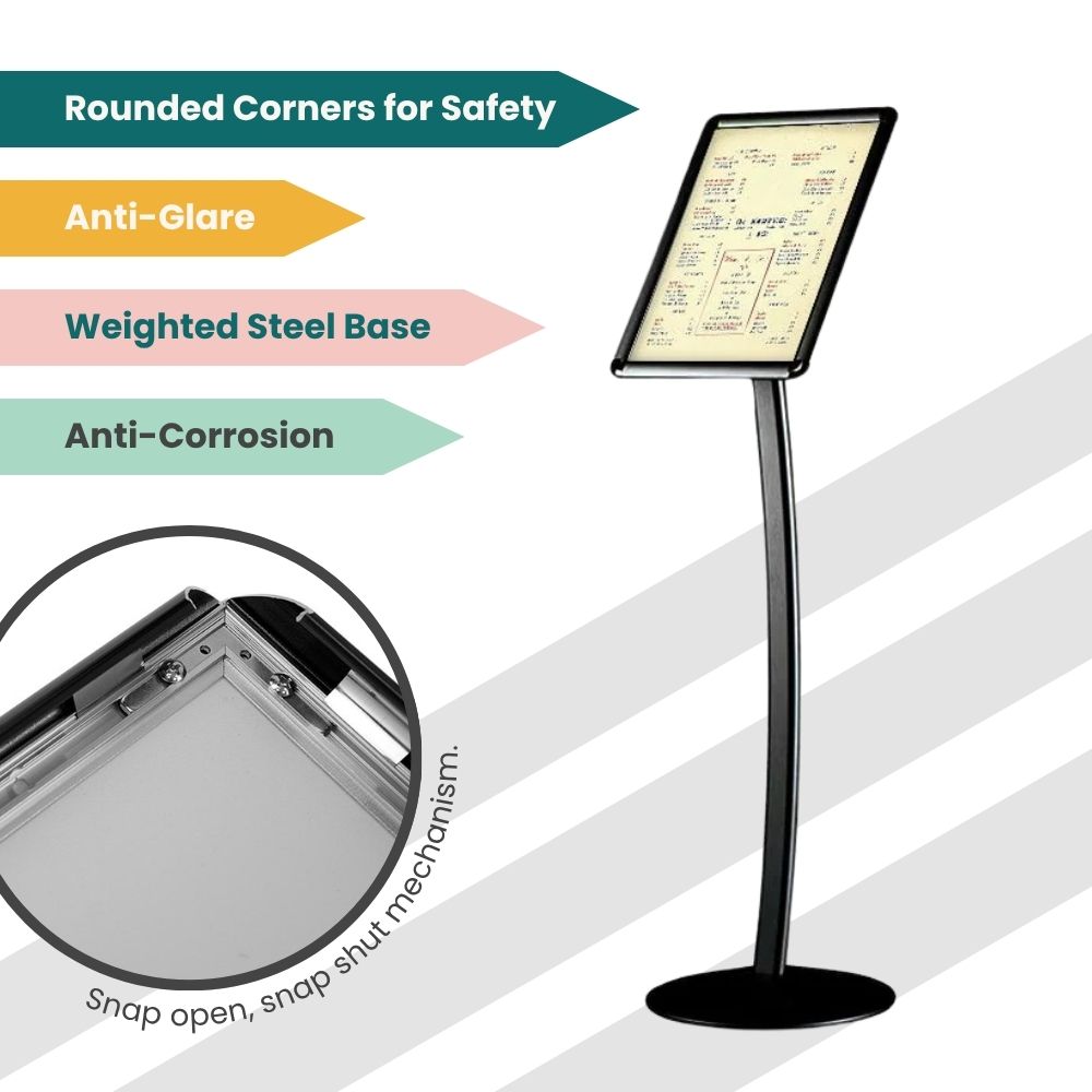 Freestanding hygiene sign holder with “Please Wash Your Hands” message, shown with feature highlights including safety corners and snap frame mechanism.