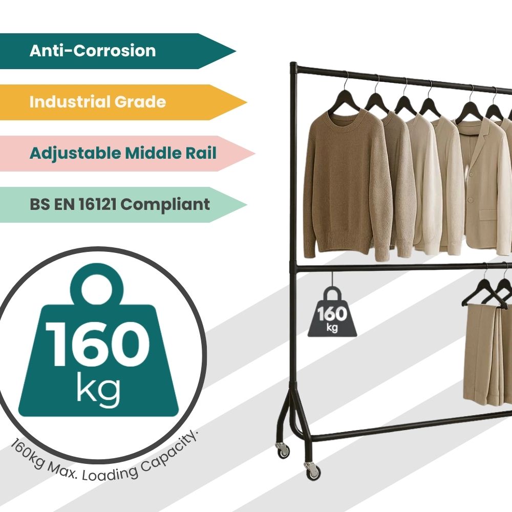 Heavy-duty garment rack with compliance tags and adjustable rail, designed for commercial clothing setups.
