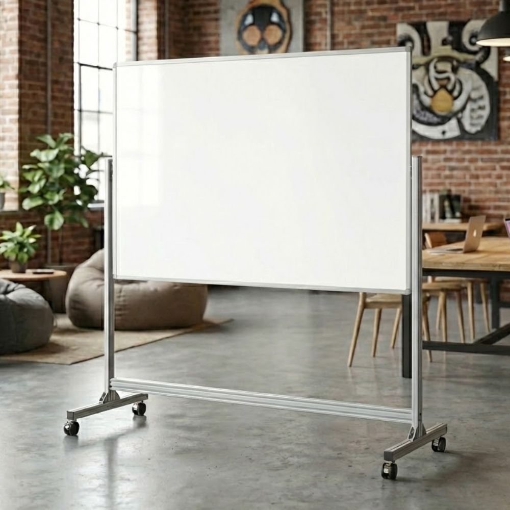 A mobile whiteboard in a trendy industrial office space featuring brick walls, concrete flooring, and modern wooden furnishings.