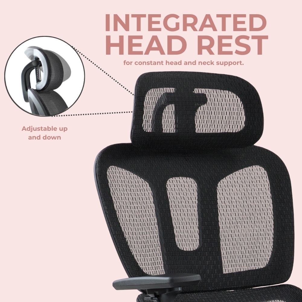 Ergonomic chair armrest shown in multiple positions with 75mm vertical adjustment and left-right rotation. Designed for personalised arm support in workstations, training rooms, or staff areas.