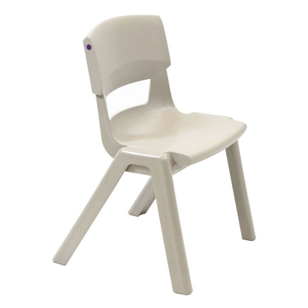 Light grey Postura+ chair with a soft-toned finish and minimalist silhouette, ideal for modern classrooms and multipurpose institutional use.