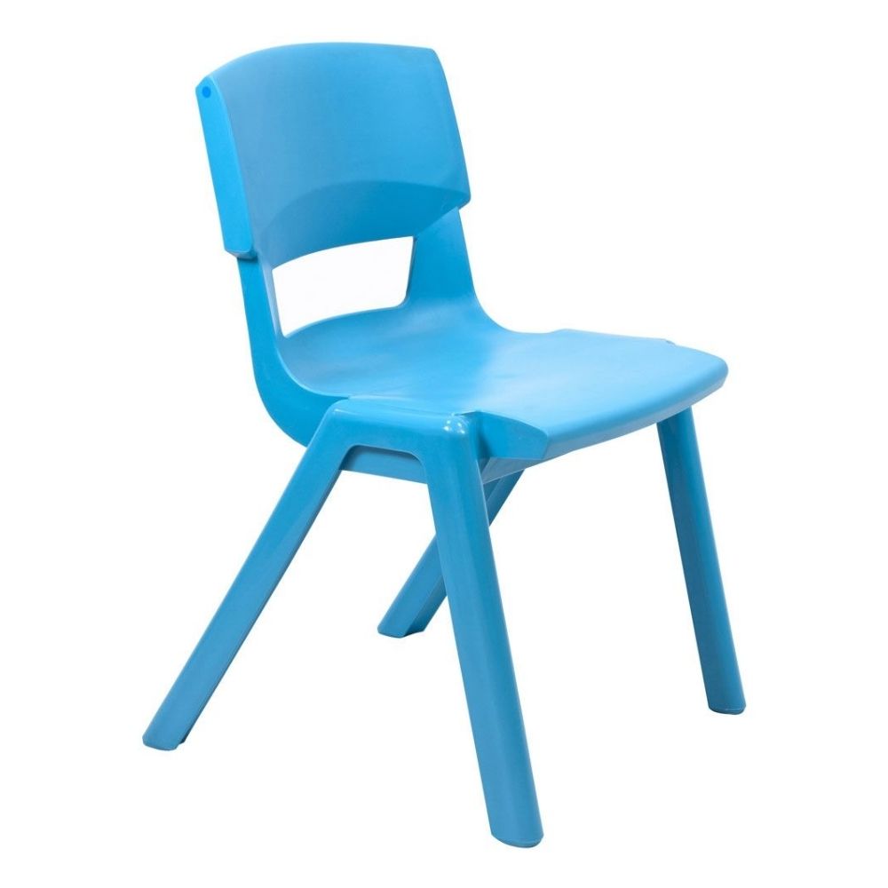 Aqua blue Postura+ chair with a smooth molded frame, angled legs, and a curved seat, designed for ergonomic support in youth learning spaces.