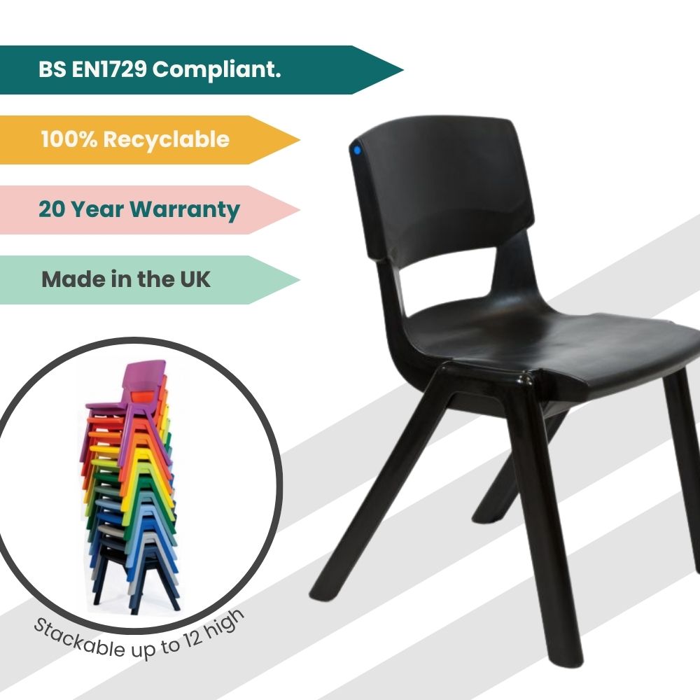 KI Europe black chair with feature highlights and a circular image of stacked chairs in a full colour range.