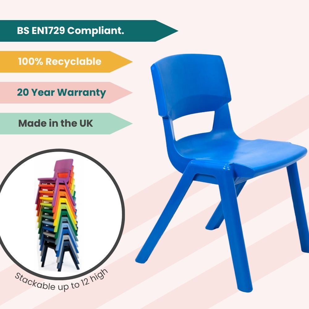 KI Europe blue Postura+ chair with a classic schoolroom shade and molded ergonomic design, built for comfort and long-term durability.