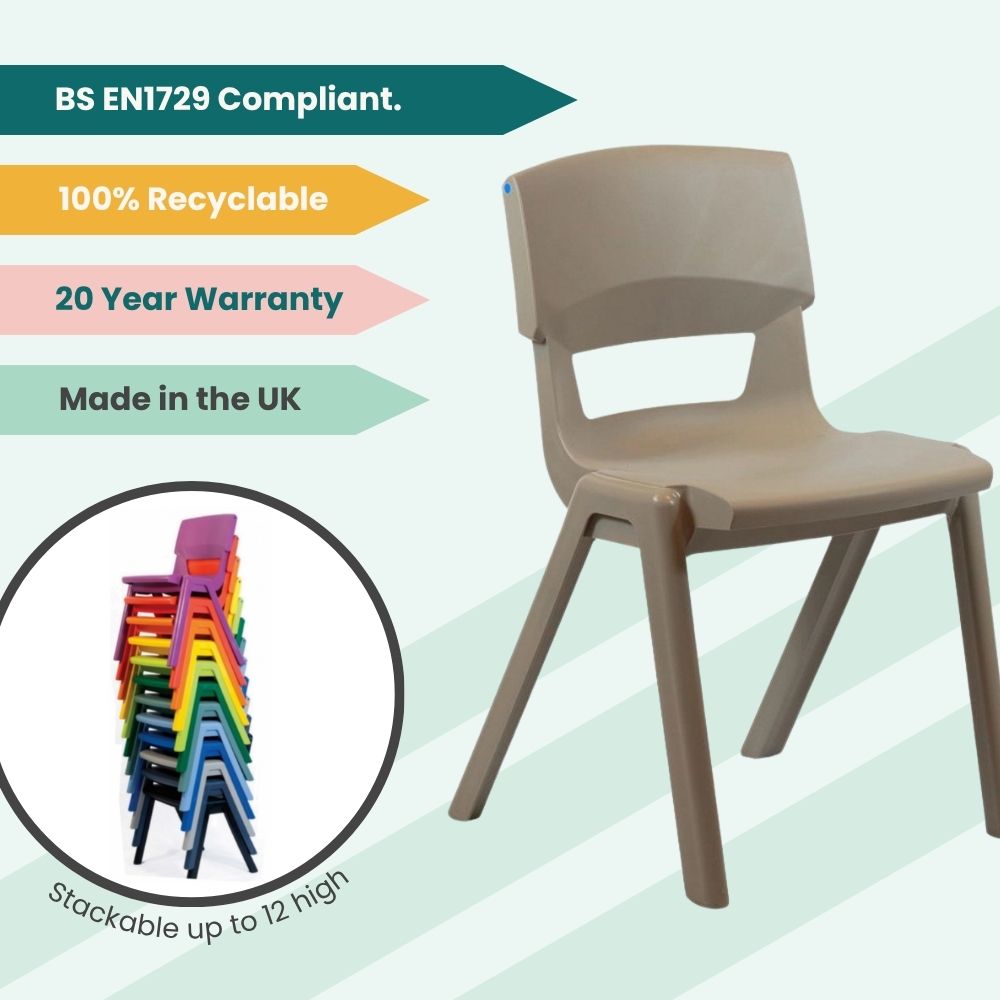 KI Europe’s Postura+ brown chair with BS EN1729 compliance, recyclable build, 20-year warranty, and stackable up to 12 high for institutional use.
