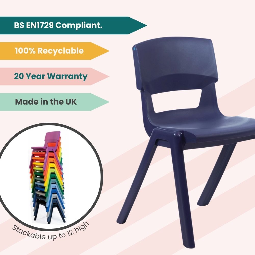 KI Europe dark blue chair with promotional banners and a circular inset showing stackable multicoloured chairs.
