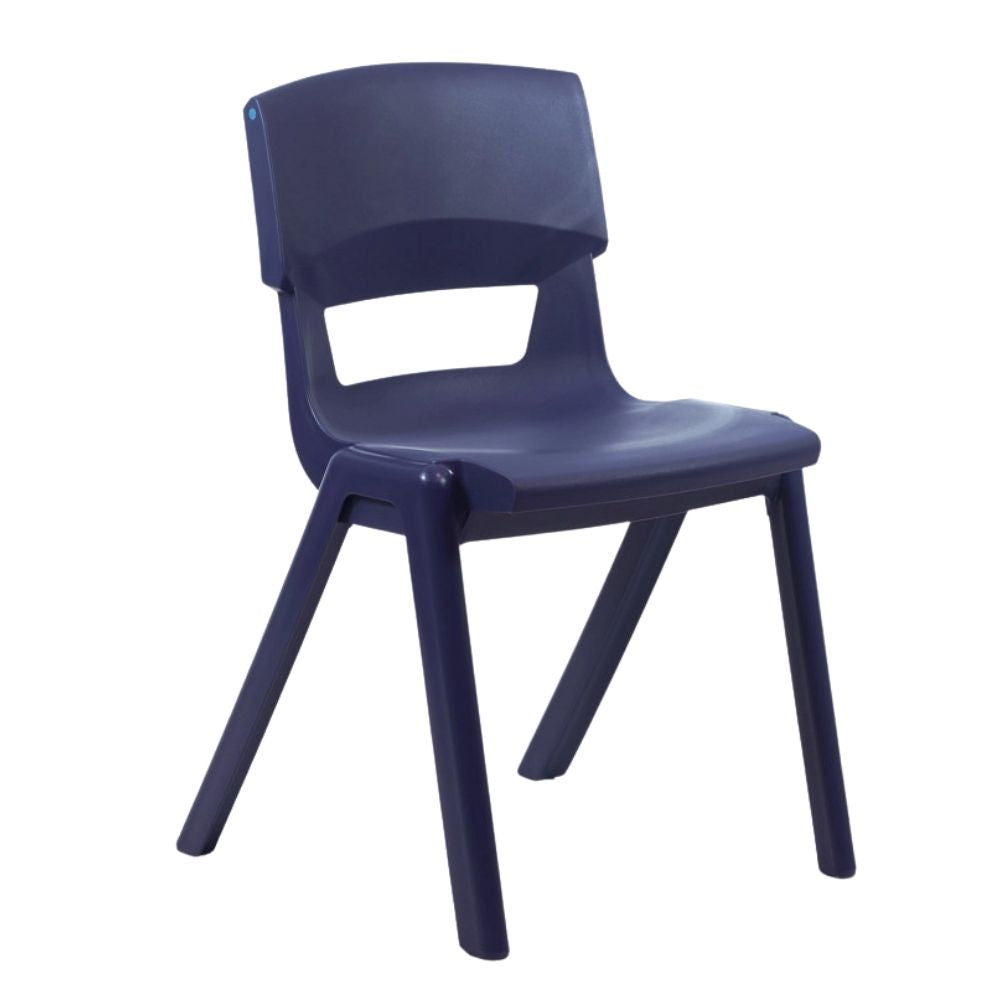 Dark blue Postura+ chair with a contoured seat and sturdy legs, built for long-term use in classrooms and public spaces.