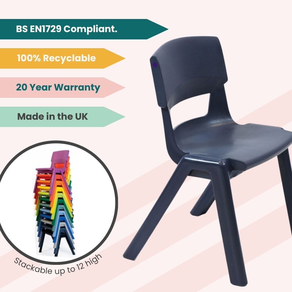 Dark grey KI Europe Postura+ chair with a charcoal hue and robust plastic frame, suited for high-use institutional environments.