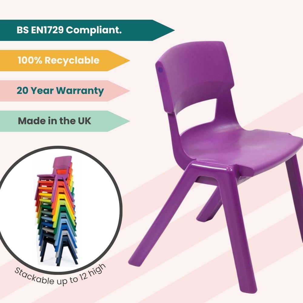 Grape purple Postura+ chair featuring a deep-toned shell and ergonomic contours, ideal for bold, branded educational interiors.