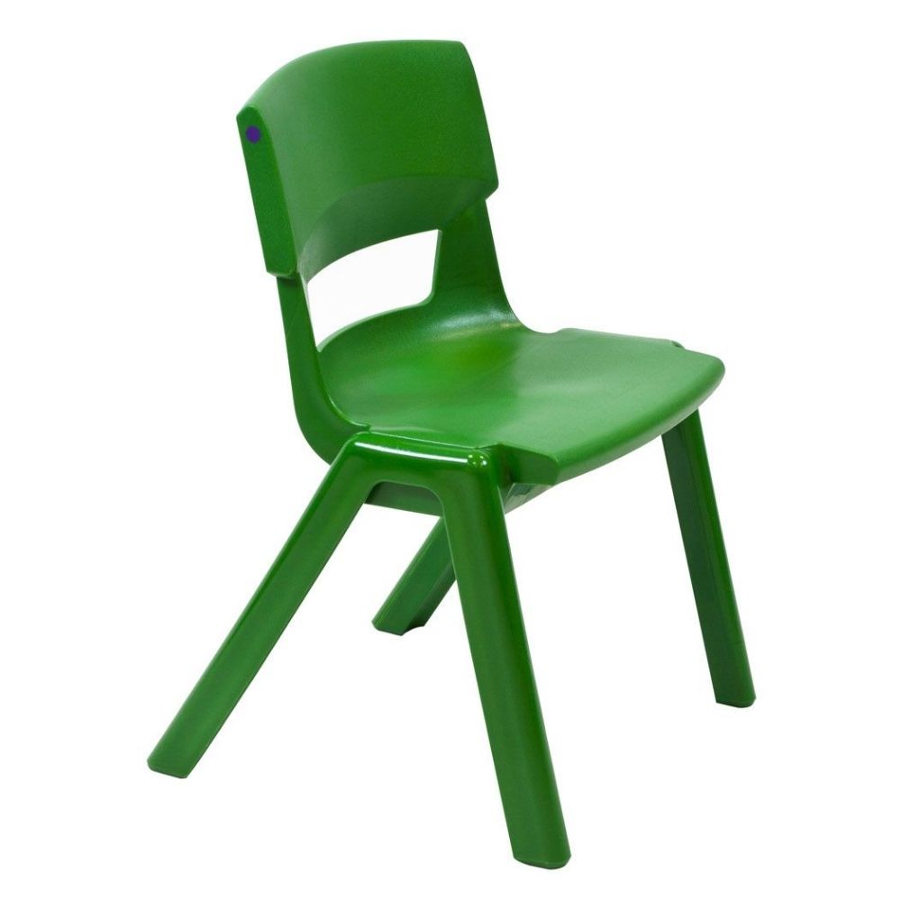 Green Postura+ chair with a glossy finish and curved backrest, built for classroom durability and child-friendly ergonomics.