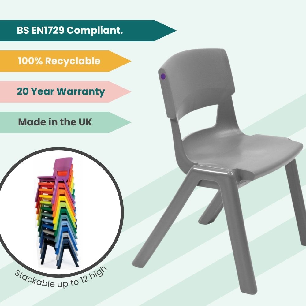 KI Europe grey Postura+ chair with a soft matte finish, designed for flexible classroom layouts and stackable storage efficiency.