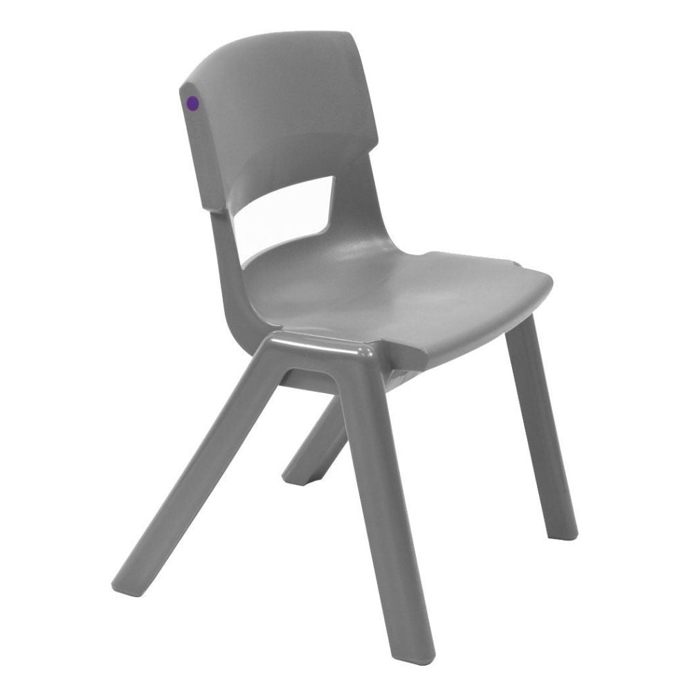 KI Europe’s Postura+ chair in grey, featuring a neutral matte finish, ergonomic back cut-out, and angled legs for institutional seating versatility.