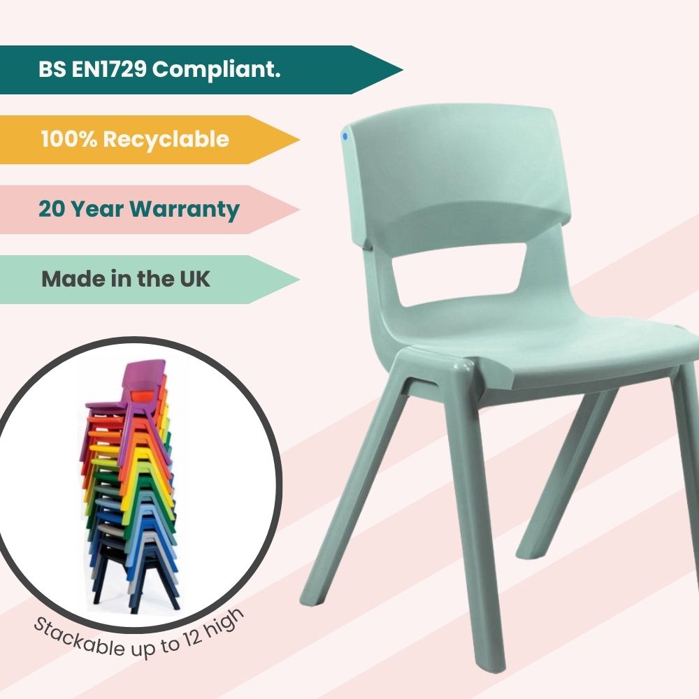 KI Europe’s jade green chair with feature banners and a circular image of stacked chairs in assorted colours for space-saving display.