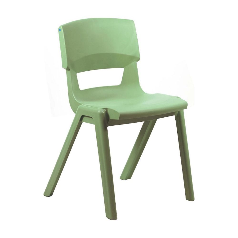 Light green Postura+ chair featuring a horizontal backrest cut-out and contoured seat, ideal for institutional use with easy-clean plastic.