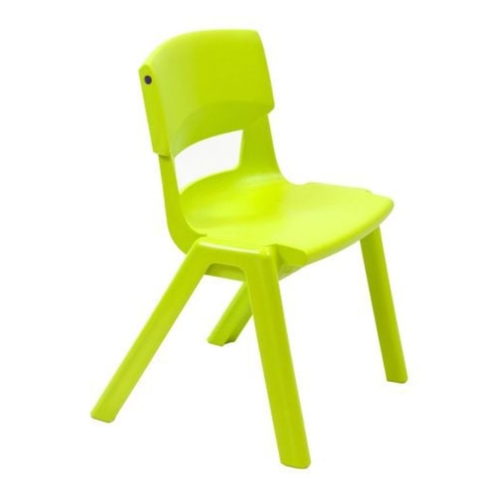 Lime green Postura+ chair with a ventilated backrest and angled legs, designed for vibrant learning environments and compact storage.
