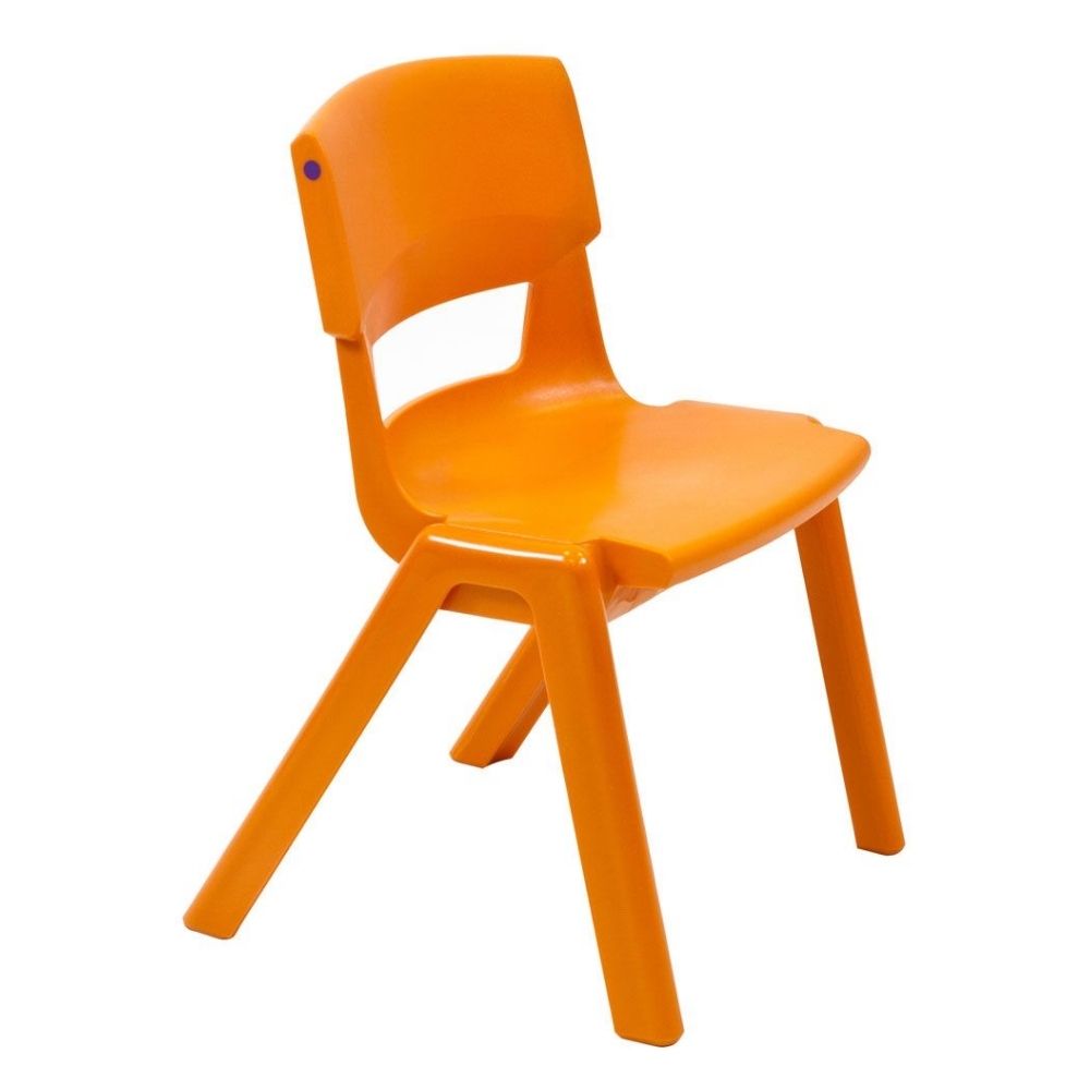 Orange Postura+ chair with a playful hue and molded seat, designed for durability and comfort in child-focused environments.