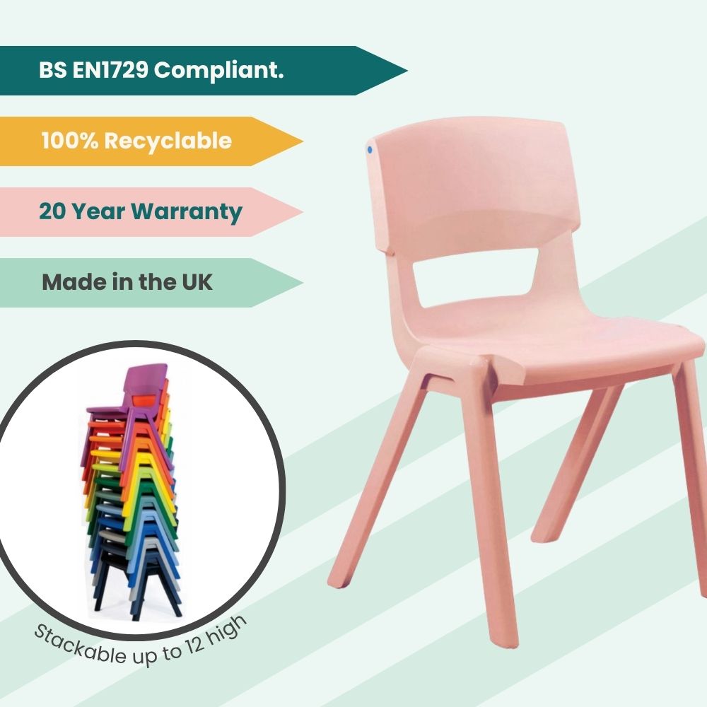 KI Europe pink chair with feature highlights and a circular image of stacked chairs in a rainbow of institutional colours.