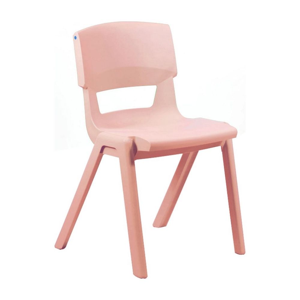 Pink Postura+ chair with a solid backrest and angled legs, designed for playful, durable seating in early education settings.